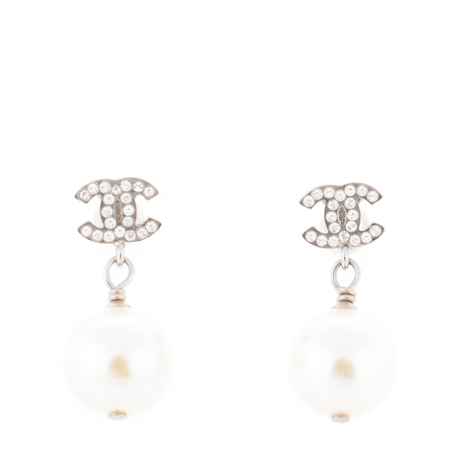 Chanel Crystal Pearl CC Drop Earrings Silver 1 of 5