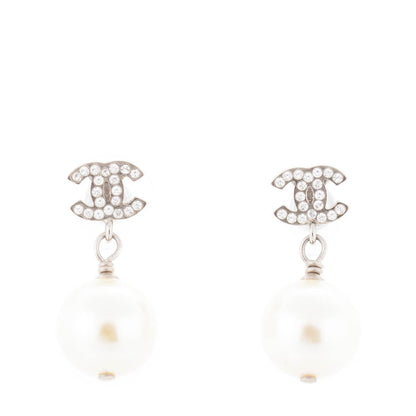 Chanel Crystal Pearl CC Drop Earrings Silver 1 of 5