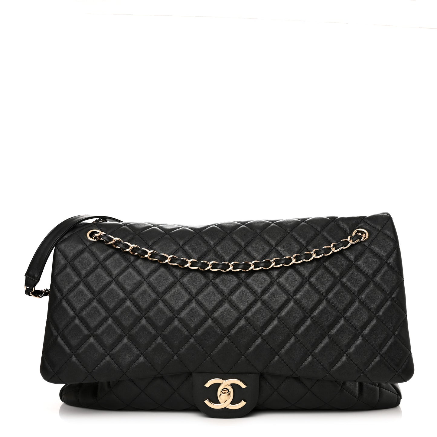 Calfskin Quilted XXL Travel Flap Bag Black