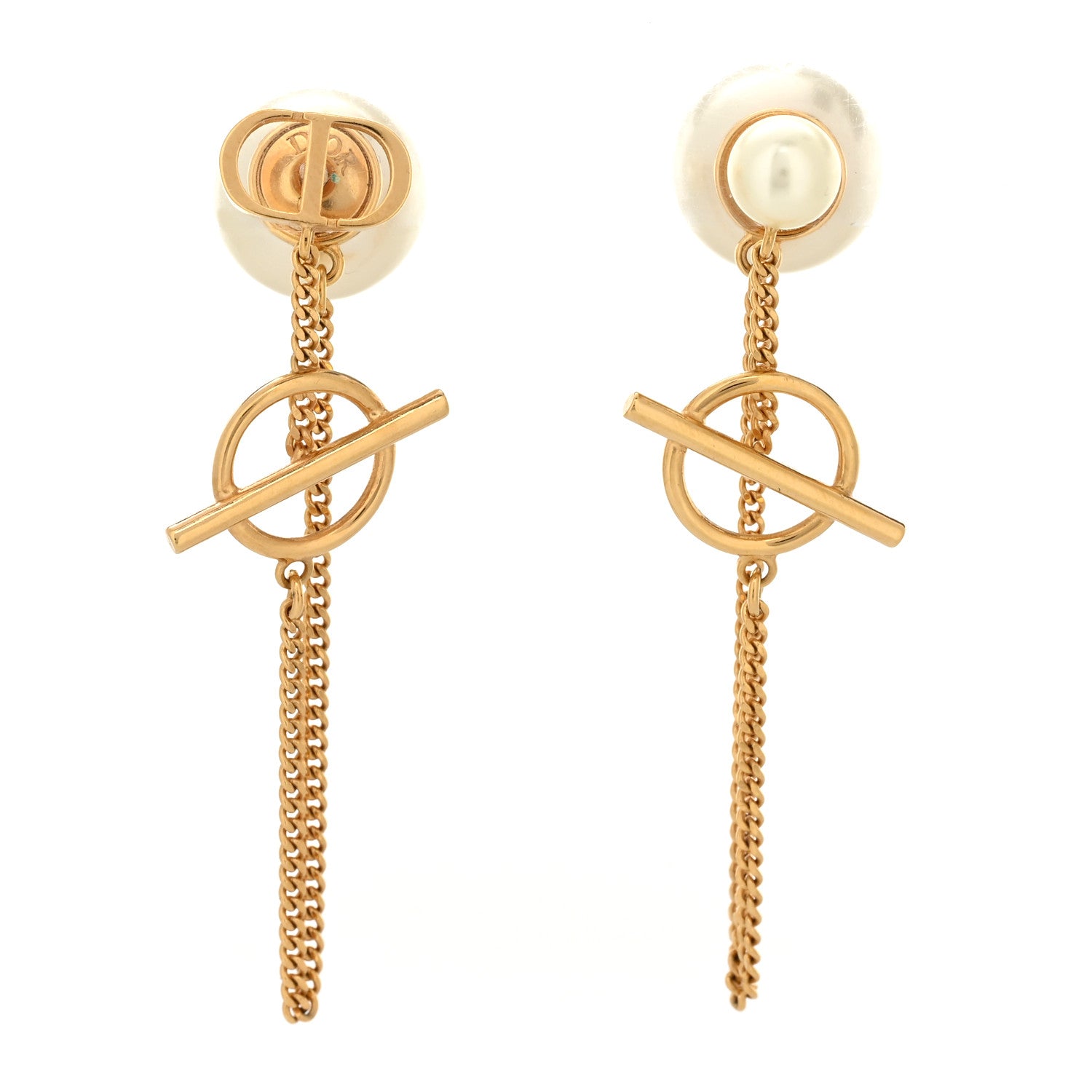 Christian Dior Pearl CD Chain Drop Earrings Gold 1 of 4