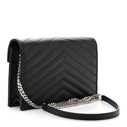 Saint Laurent Grain De Poudre Matelasse Chevron Monogram Envelope Chain Wallet Black 3 of 11
