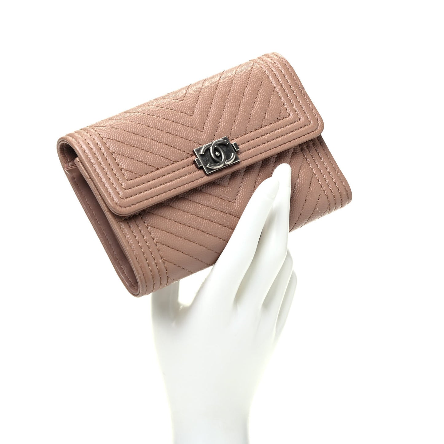 Caviar Chevron Quilted Medium Boy Flap Wallet Dark Beige