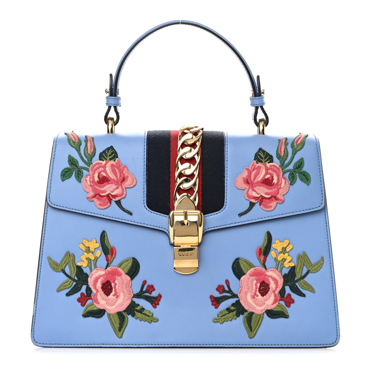Calfskin Embroidered Medium Sylvie Top Handle Bag Clear Sky Blue