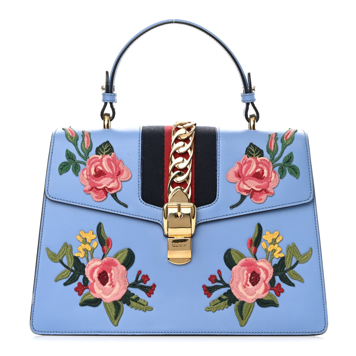 Gucci Calfskin Embroidered Medium Sylvie Top Handle Bag Clear Sky Blue 1 of 15