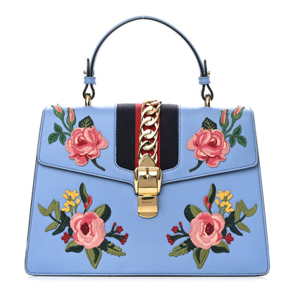 Gucci Calfskin Embroidered Medium Sylvie Top Handle Bag Clear Sky Blue 1 of 15