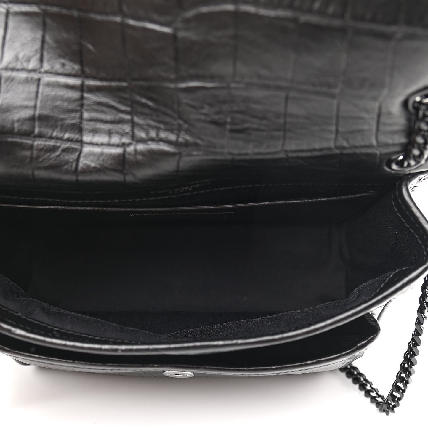 Calfskin Crocodile Embossed Matelasse Monogram Baby Niki Chain Satchel Black