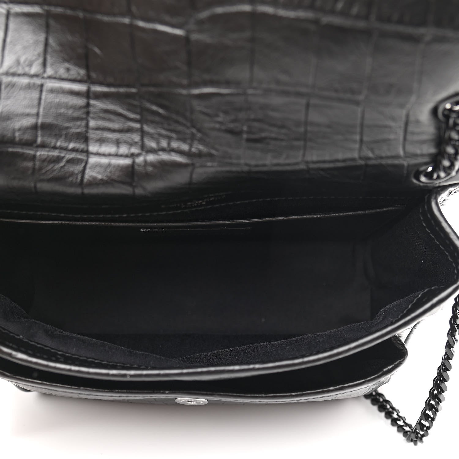 Saint Laurent Calfskin Crocodile Embossed Matelasse Monogram Baby Niki Chain Satchel Black 5 of 9
