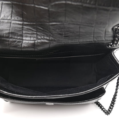 Saint Laurent Calfskin Crocodile Embossed Matelasse Monogram Baby Niki Chain Satchel Black 5 of 9