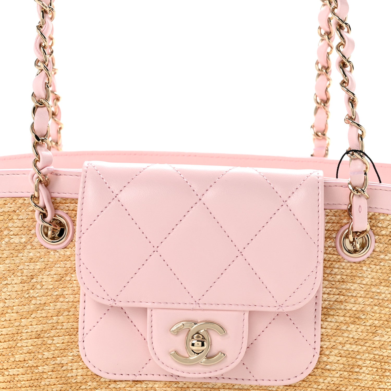 Chanel Raffia Braided Lambskin Small Wicker Tote Beige Light Pink 8 of 11
