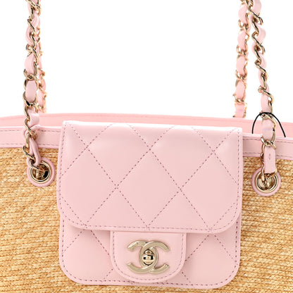 Chanel Raffia Braided Lambskin Small Wicker Tote Beige Light Pink 8 of 11