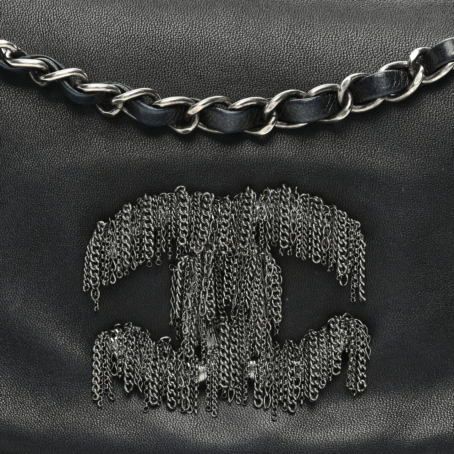 Lambskin Rock And Cabaret Chain Fringe Flap Black