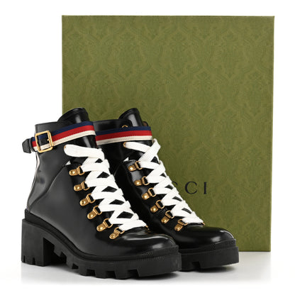 Gucci Calfskin Sylvie Web Womens Lace Up Combat Boots 38 Black 11 of 11