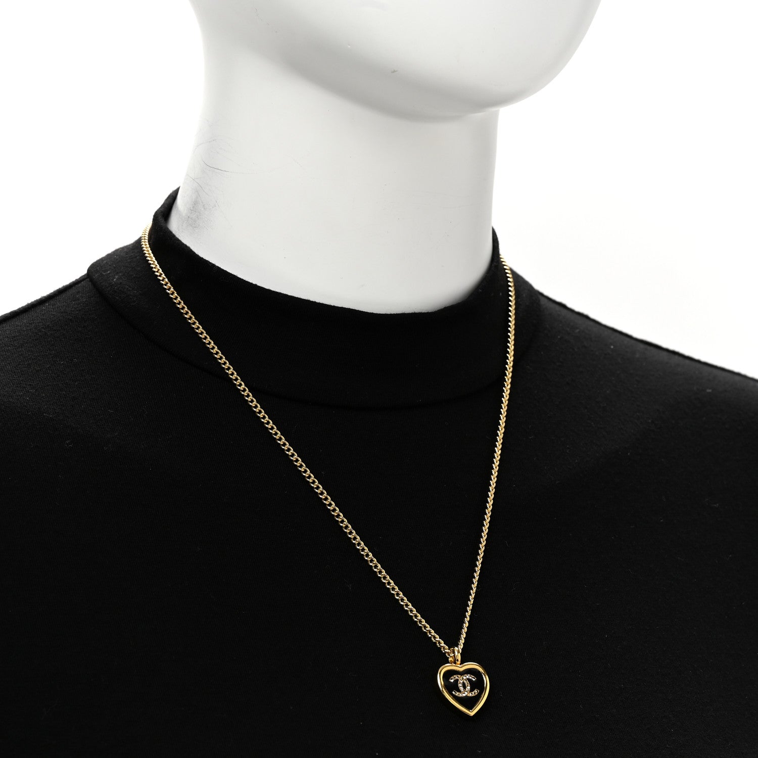 Chanel Metal Resin Crystal CC Heart Necklace Gold Black 2 of 6