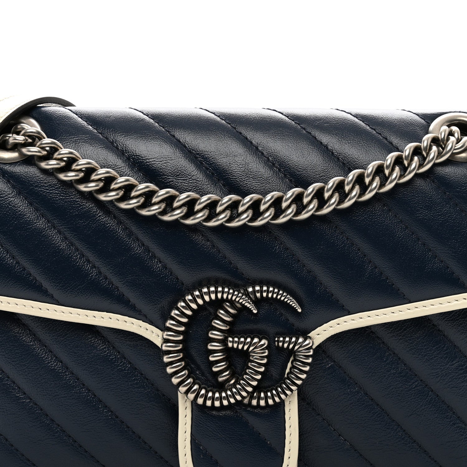Gucci Vintage Effect Calfskin Matelasse Diagonal Small Torchon GG Marmont Shoulder Bag Blue Agata Mystic White 8 of 10