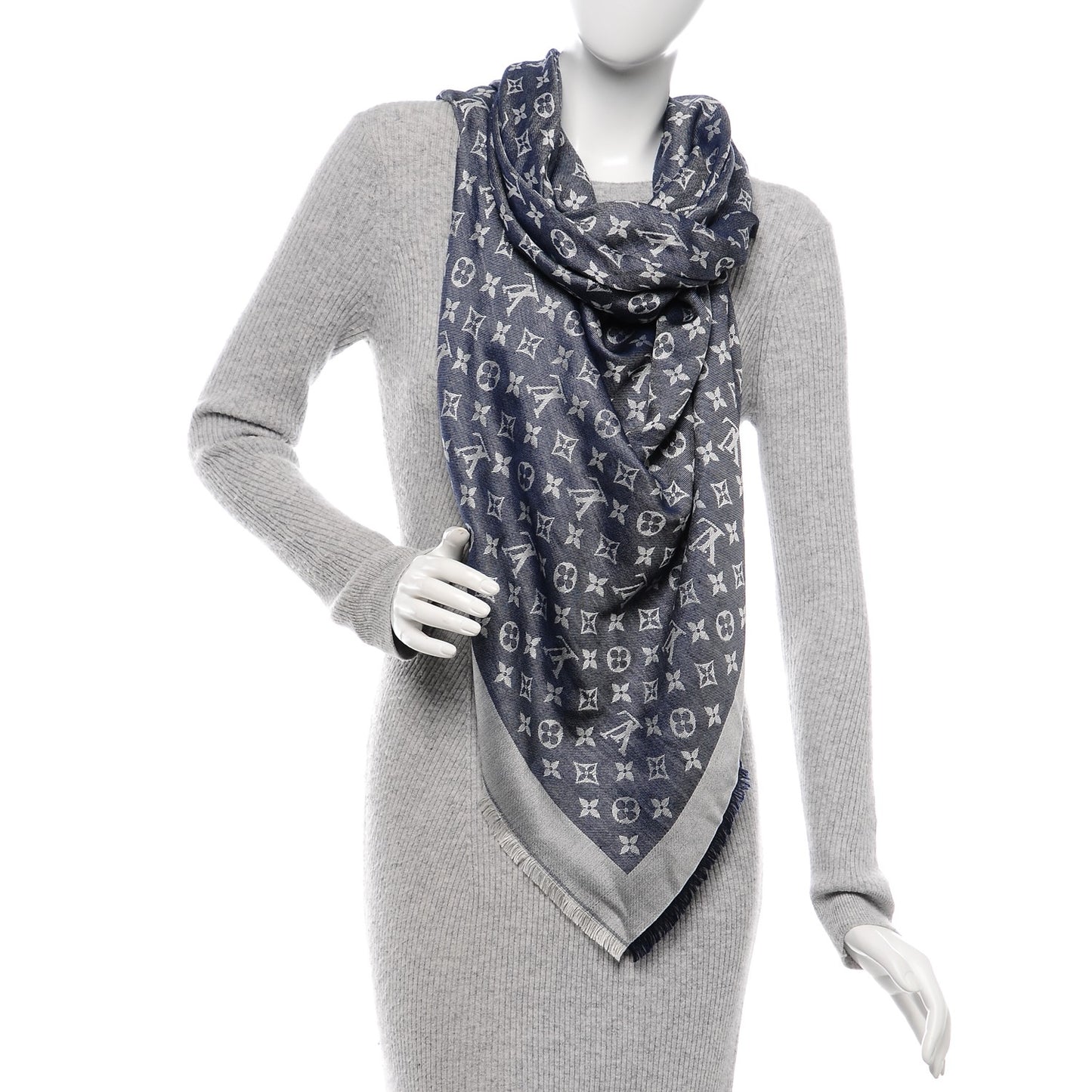 Silk Wool Monogram Denim Shawl Blue