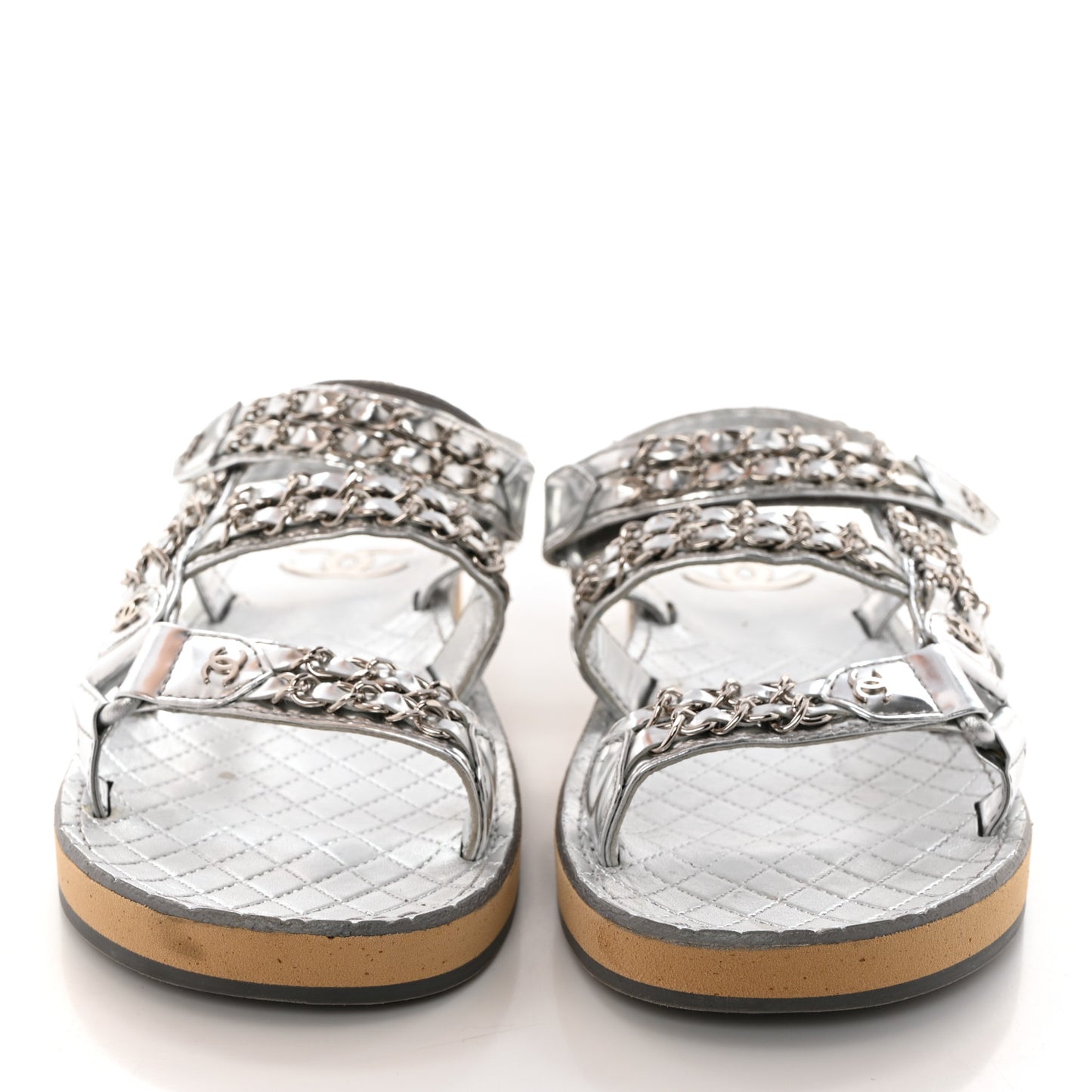 Metallic Laminated Goatskin Chain Flat Sandals 39.5 Silver