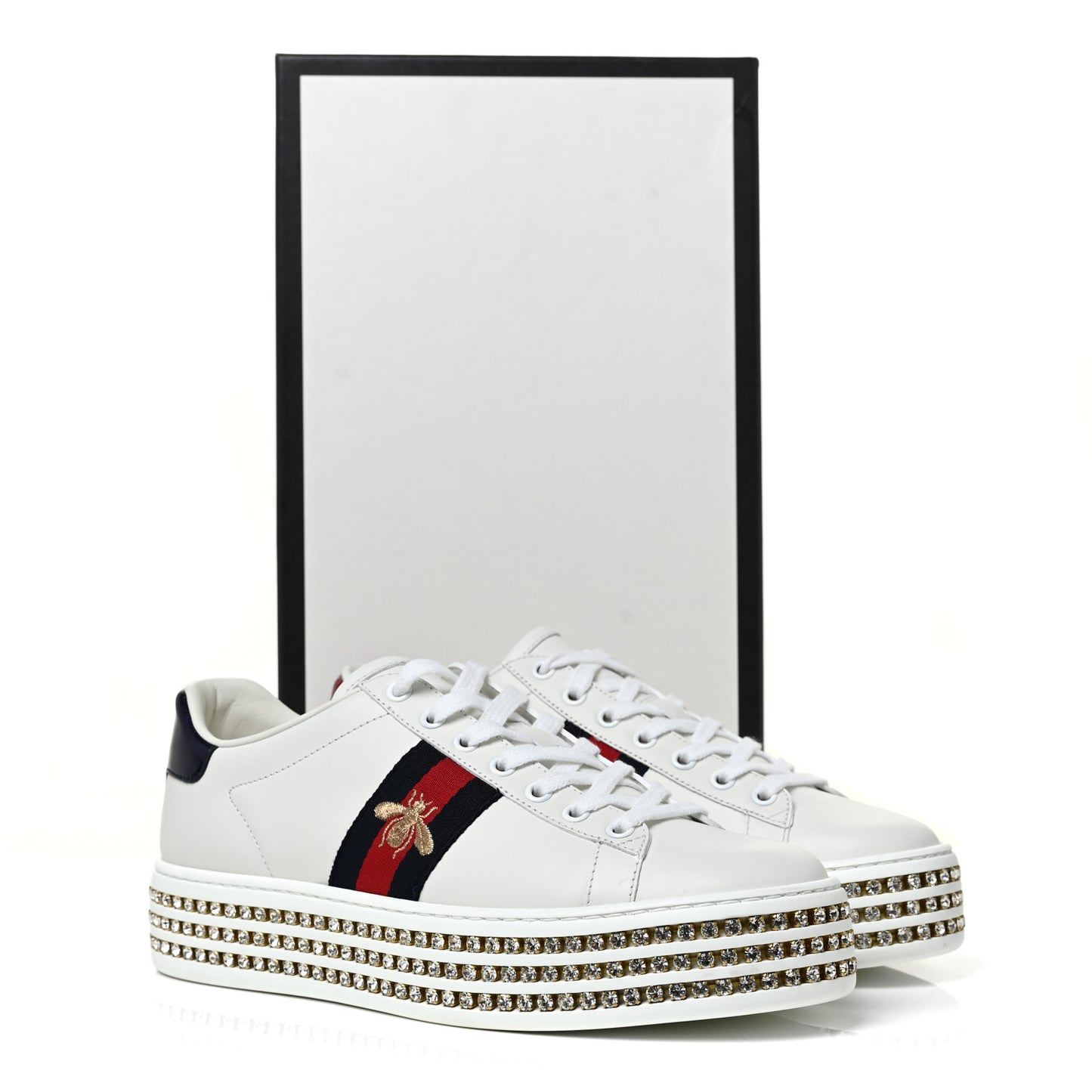 Calfskin Crystal Web Bee Embroidered Womens Ace Platform Sneakers 38.5 White