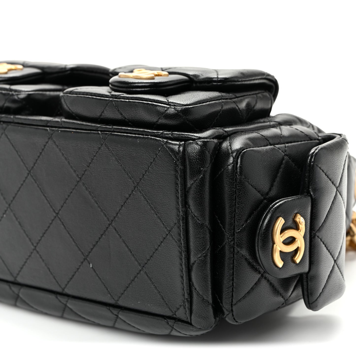 Shiny Lambskin Quilted Trendy Pockets Hobo Black