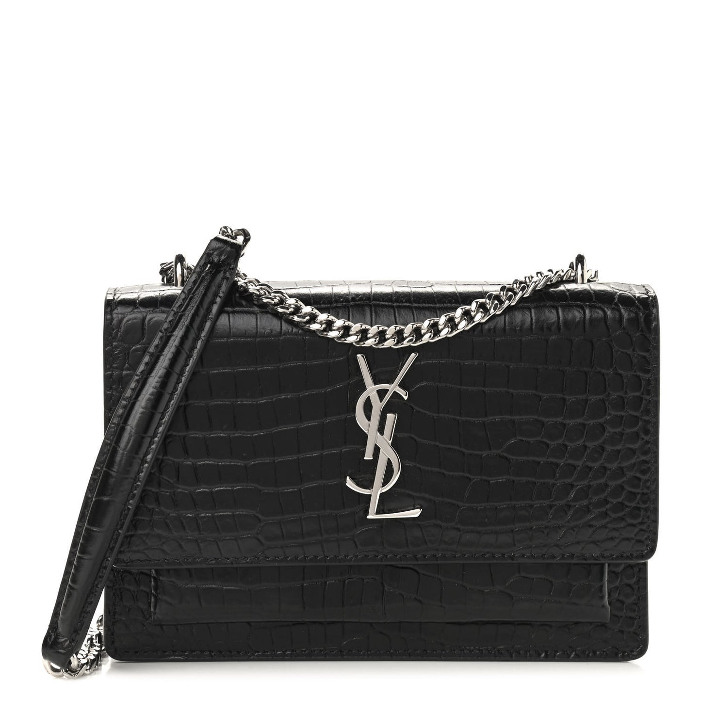 Calfskin Crocodile Embossed Monogram Sunset Chain Wallet Black