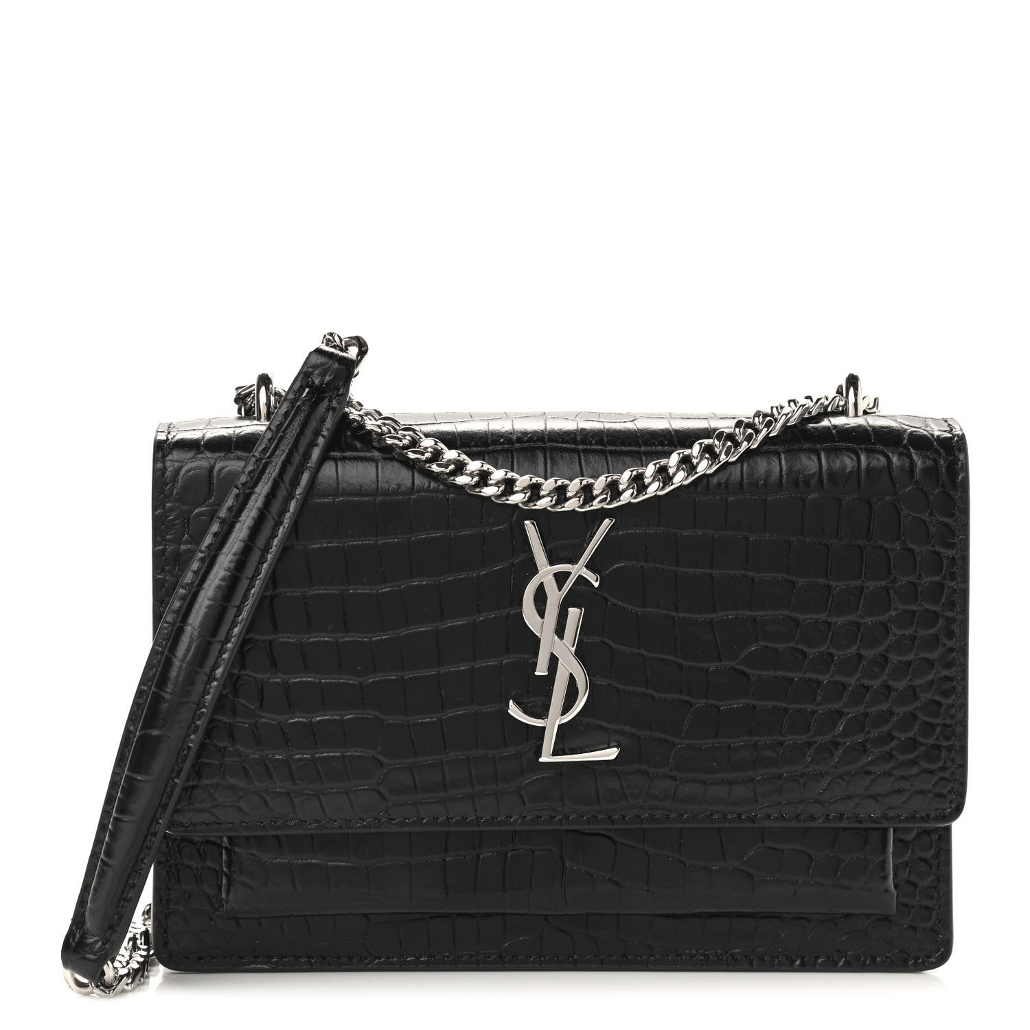 Saint Laurent Calfskin Crocodile Embossed Monogram Sunset Chain Wallet Black 1 of 8
