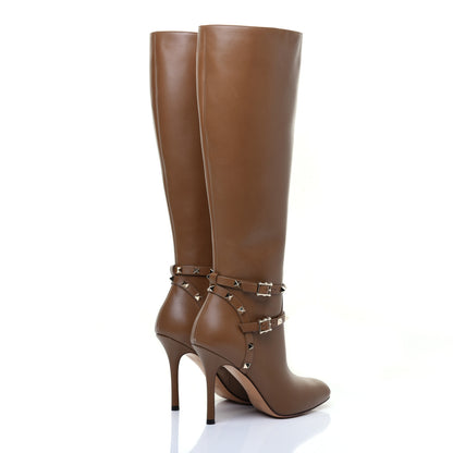 Valentino Garavani Calfskin Rockstud Knee High 100mm Boots 37 Nocciola 4 of 8