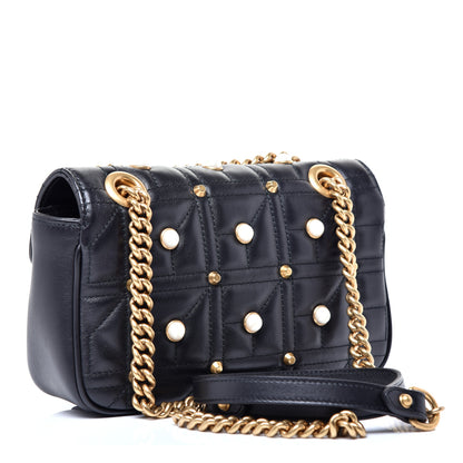 Gucci Calfskin Matelasse Studded Mini Pearly GG Marmont Shoulder Bag Black 3 of 11