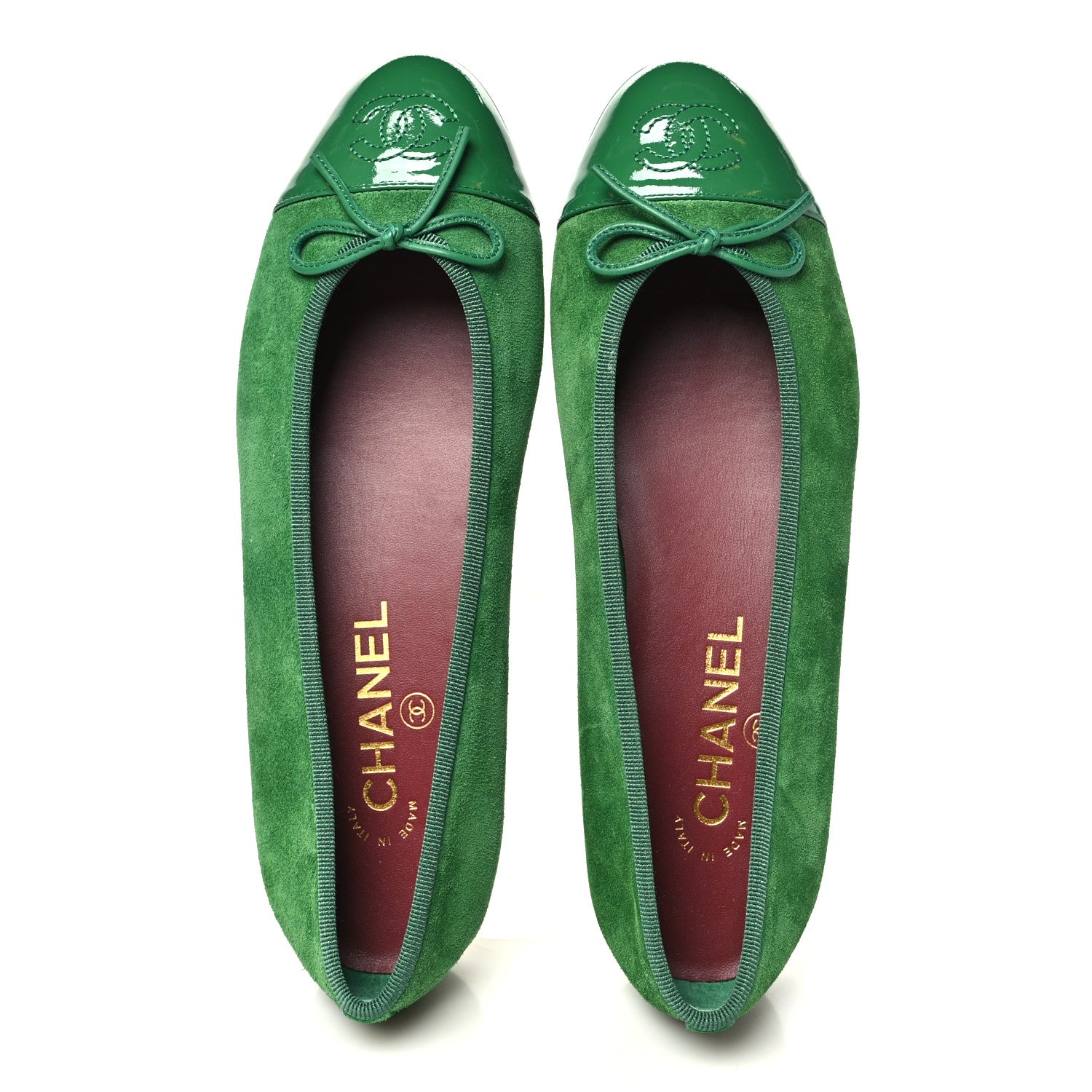 Chanel Suede Patent Cap Toe CC Ballerina Flats 37.5 Green 1941217
