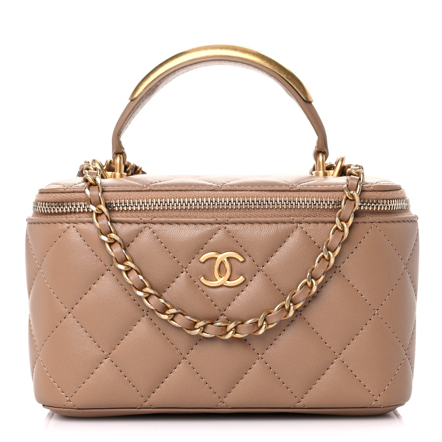 Lambskin Quilted Metal Small Top Handle Vanity Case With Chain Beige