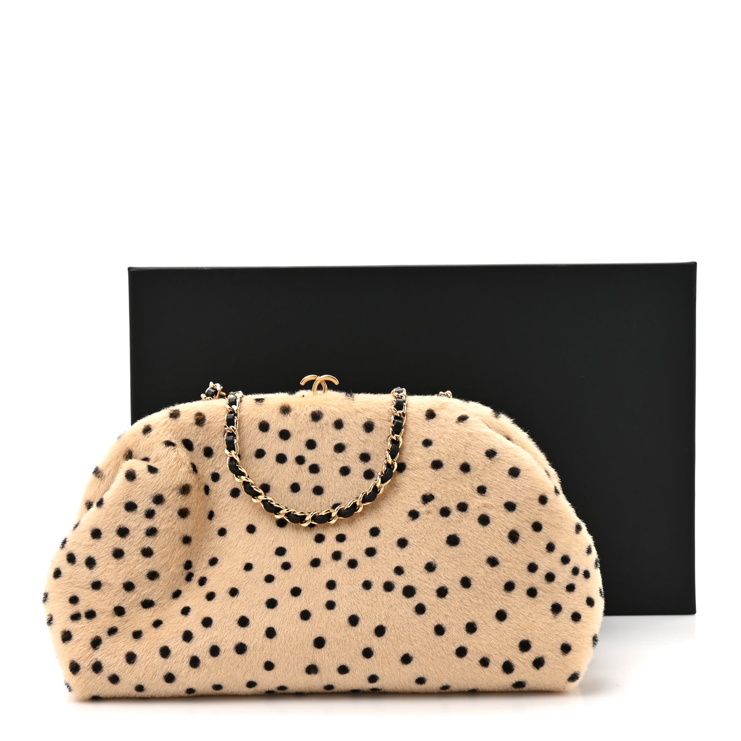 Pony Hair Cheetah Printed Lambskin Clutch With Chain Beige Black