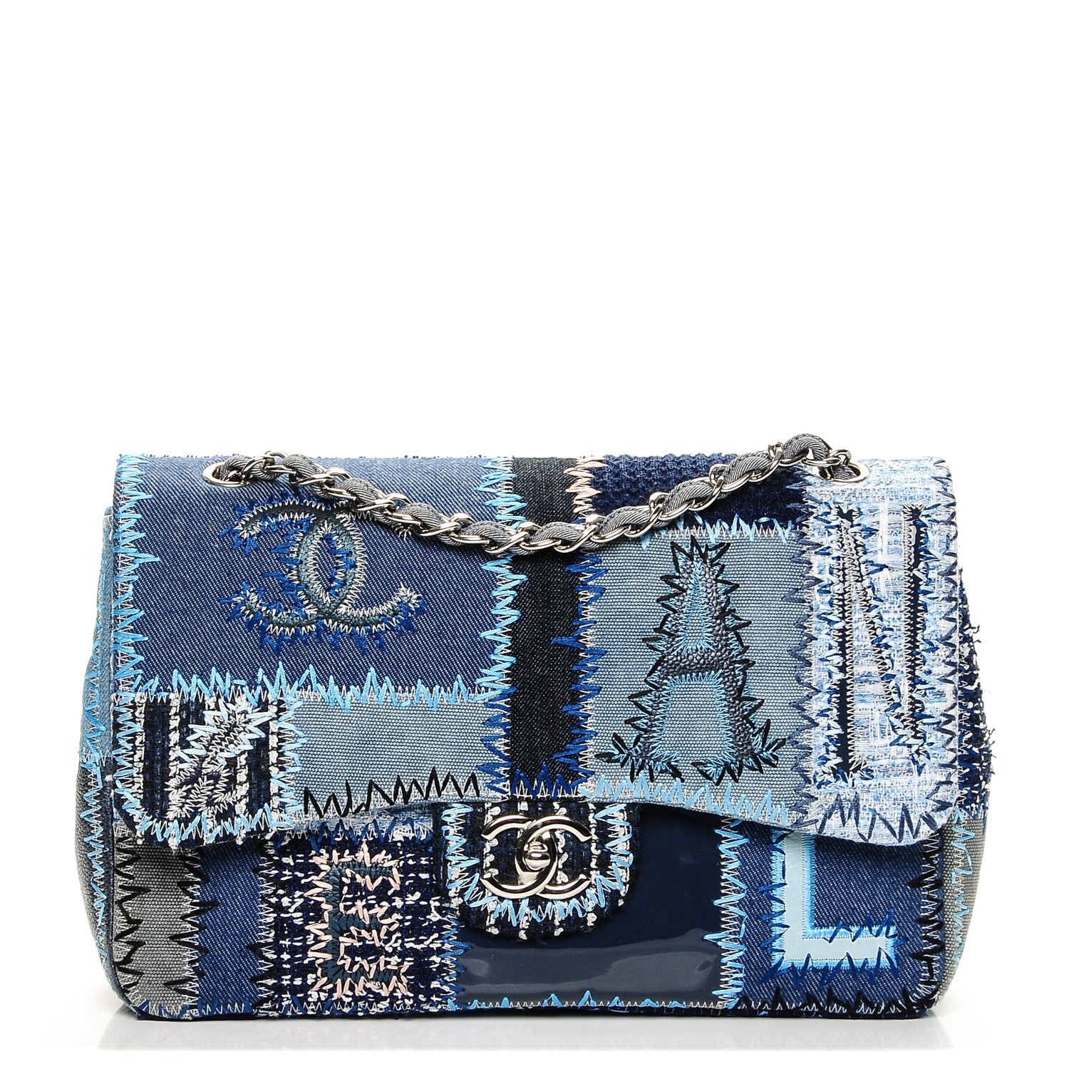 Chanel Denim Tweed Patchwork Jumbo Single Flap Blue 1 of 7