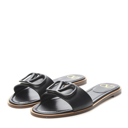 Valentino Garavani Calfskin Vlogo Flat Slide Sandals 38.5 Black 3 of 8