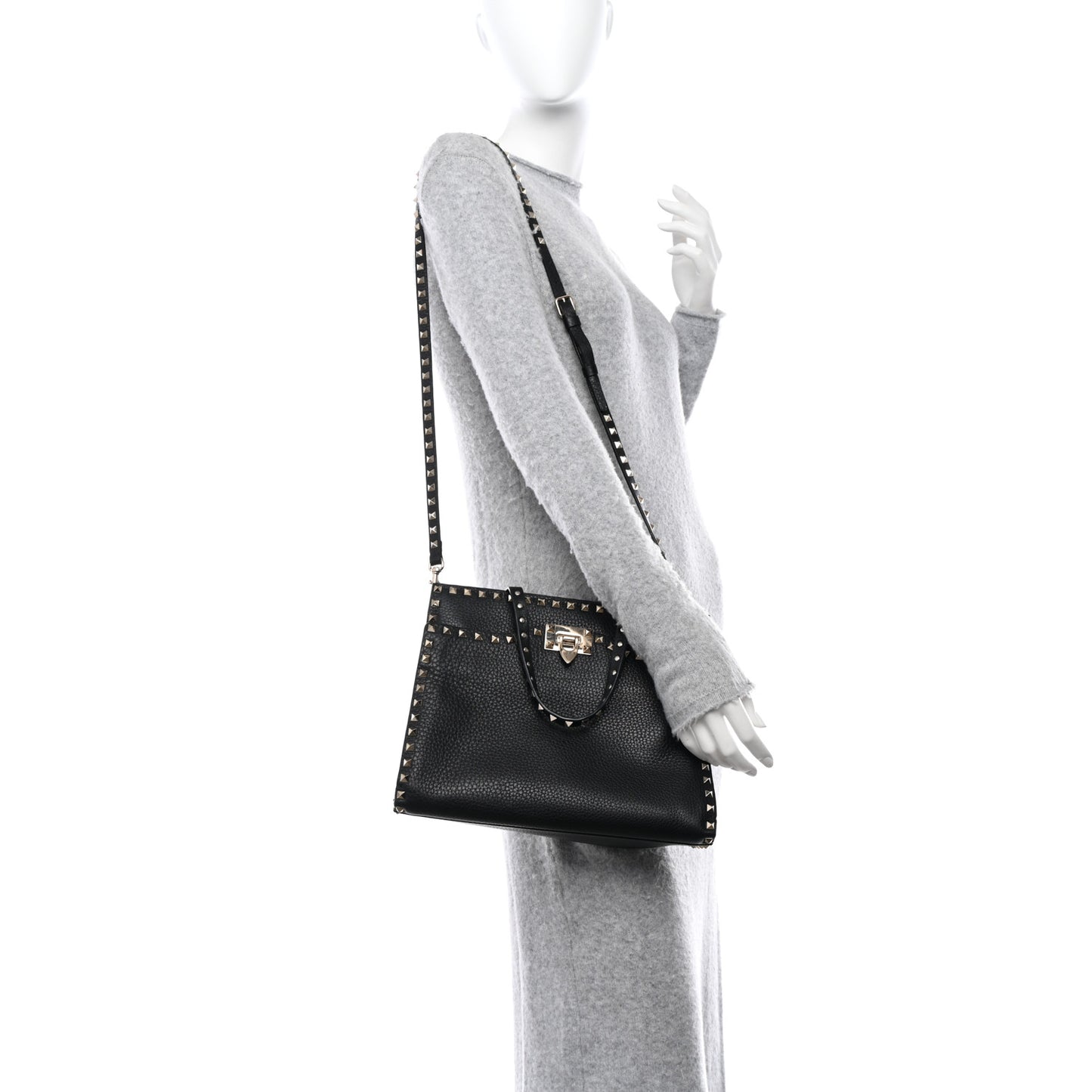 VALENTINO GARAVANI Grained Calfskin Rockstud Flip Lock Tote Black