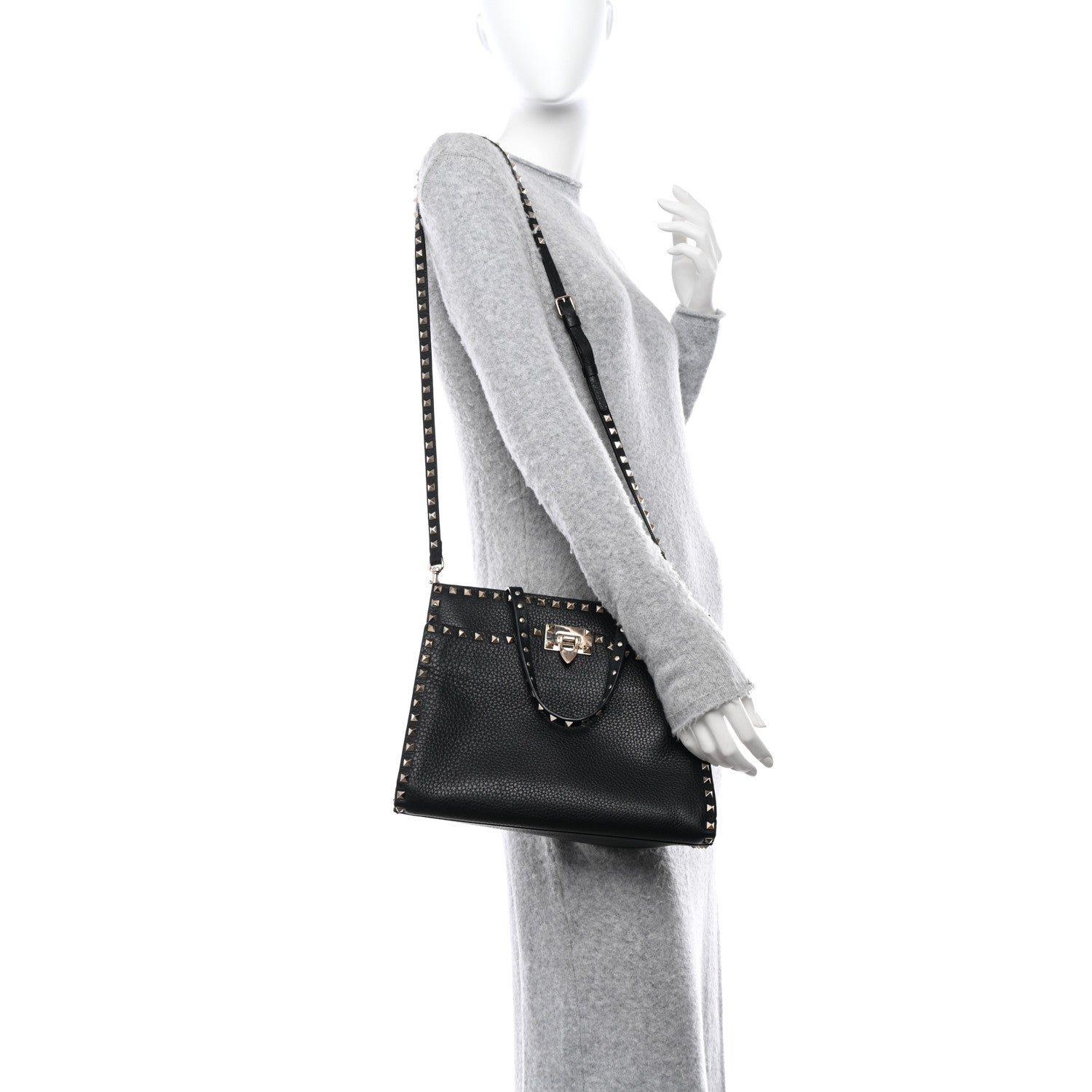 Valentino Garavani VALENTINO GARAVANI Grained Calfskin Rockstud Flip Lock Tote Black 2 of 11