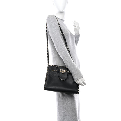 Valentino Garavani VALENTINO GARAVANI Grained Calfskin Rockstud Flip Lock Tote Black 2 of 11