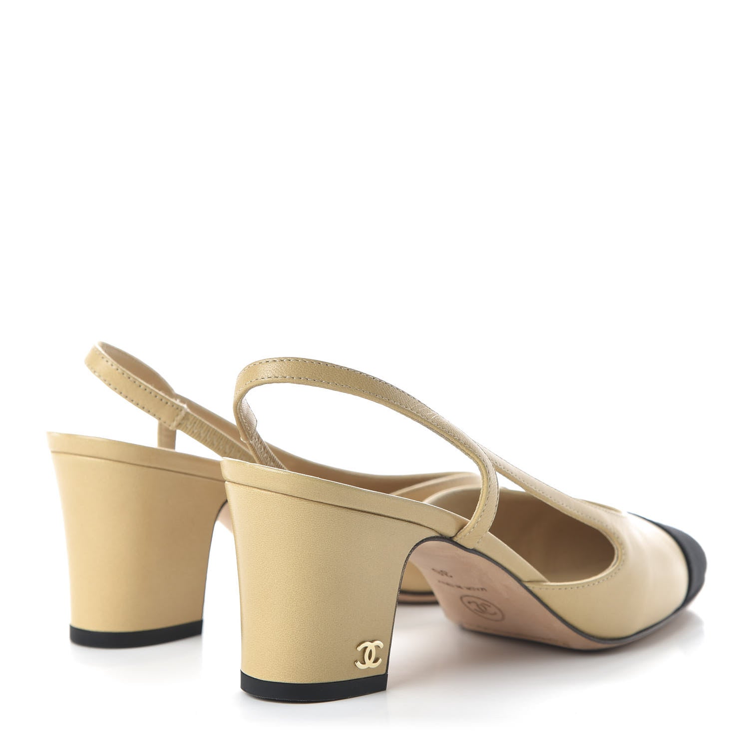 Chanel Goatskin Grosgrain Cap Toe CC Slingback Pumps 36 Beige Black 4 of 9