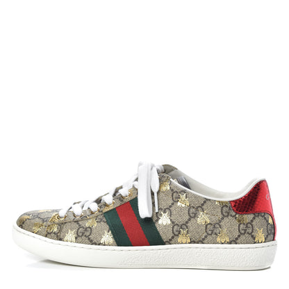Gucci GG Supreme Monogram Bees Ayers Web Womens Ace Sneakers 37 Beige Oro Green Red 1 of 9