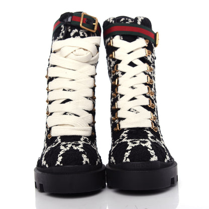 Gucci Tweed GG Monogram Lace Up Combat Ankle Boots 39.5 Black 2 of 11