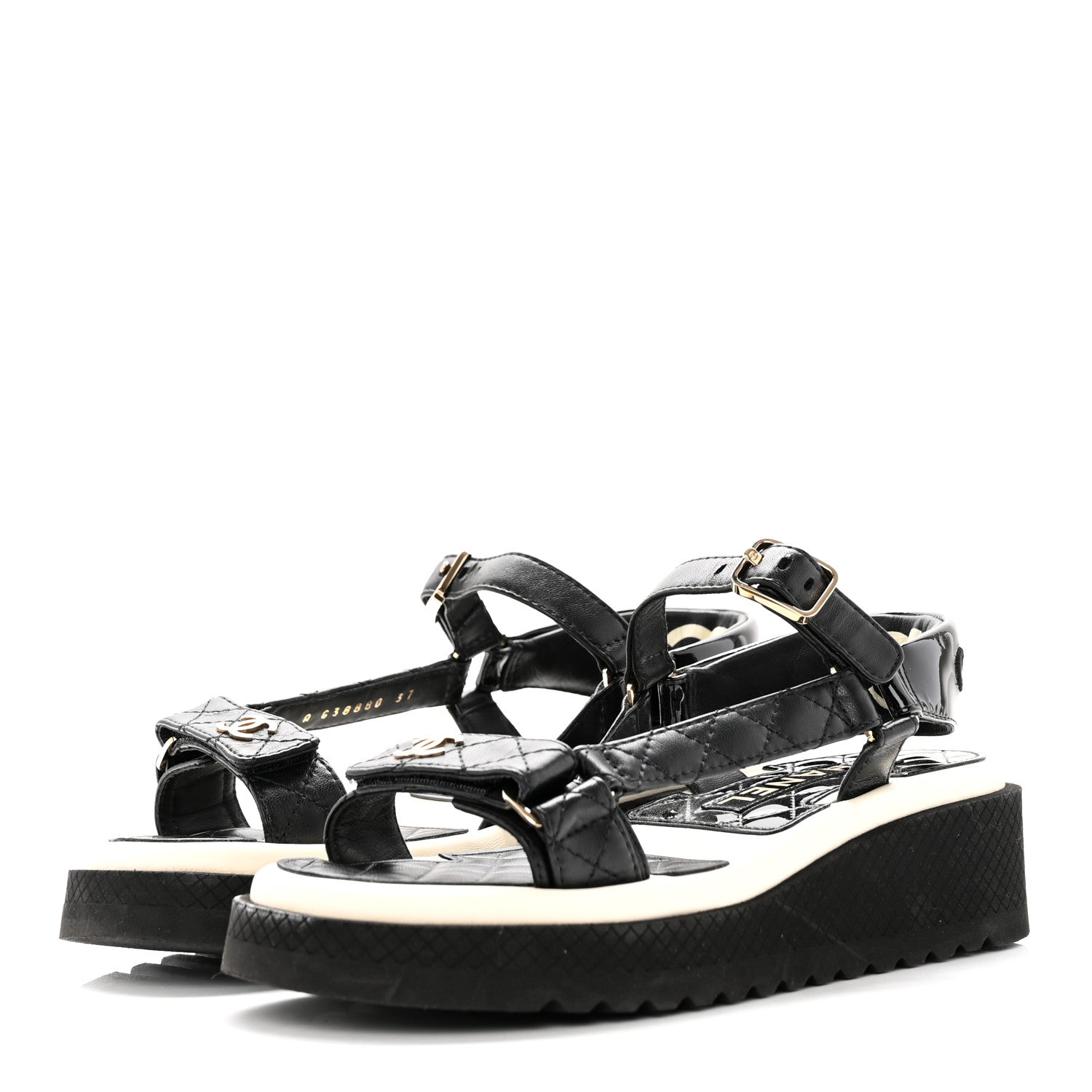 Chanel Lambskin Patent Logo Platform Sandals 37 Black White 3 of 12