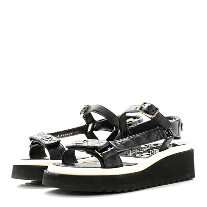 Chanel Lambskin Patent Logo Platform Sandals 37 Black White 3 of 12