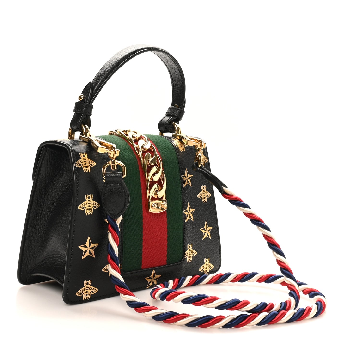 Textured Calfskin Bee Star Print Mini Sylvie Top Handle Bag Black