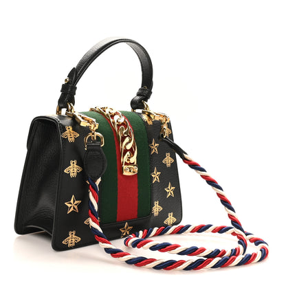 Gucci Textured Calfskin Bee Star Print Mini Sylvie Top Handle Bag Black 3 of 10