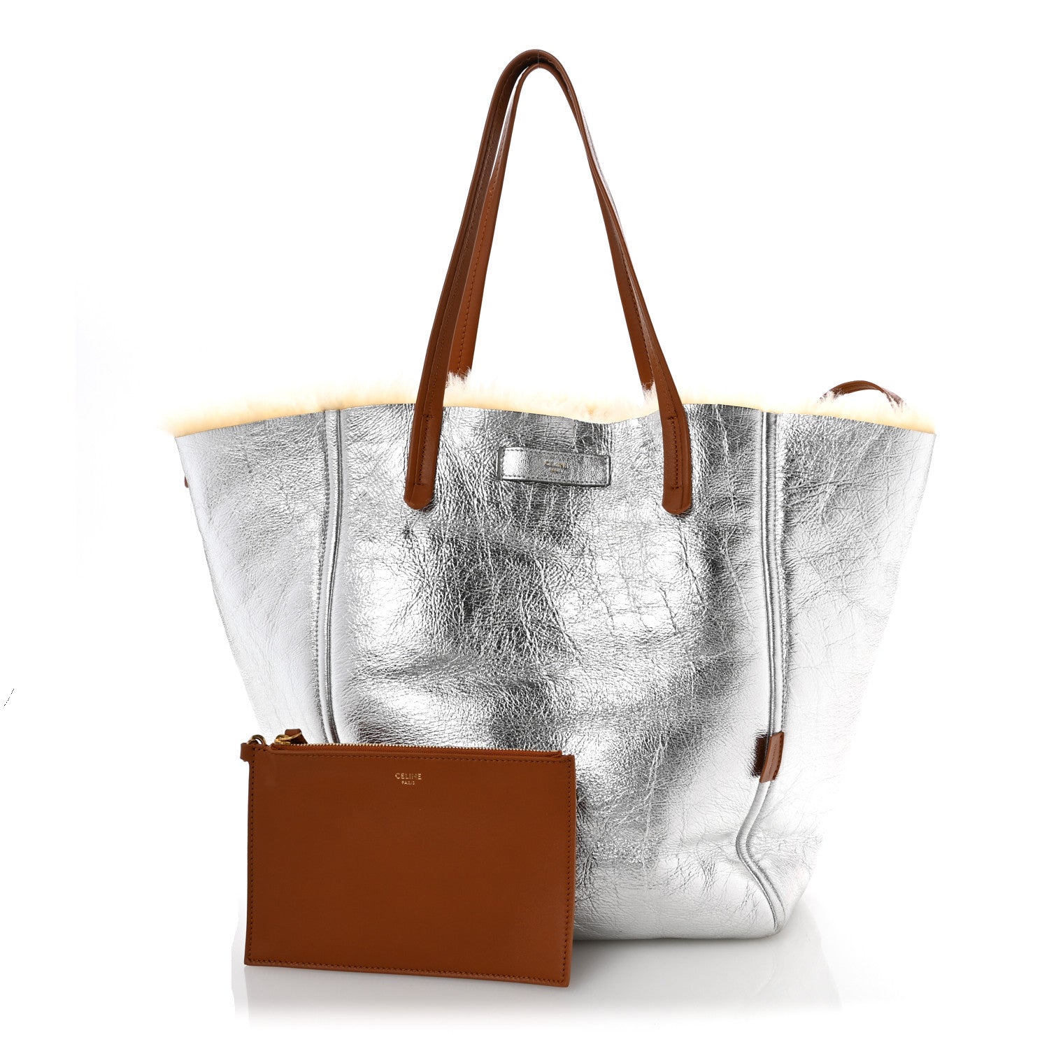 Celine Metallic Lambskin Shearling Medium Phantom Cabas Reversible Tote Natural Silver 3 of 20