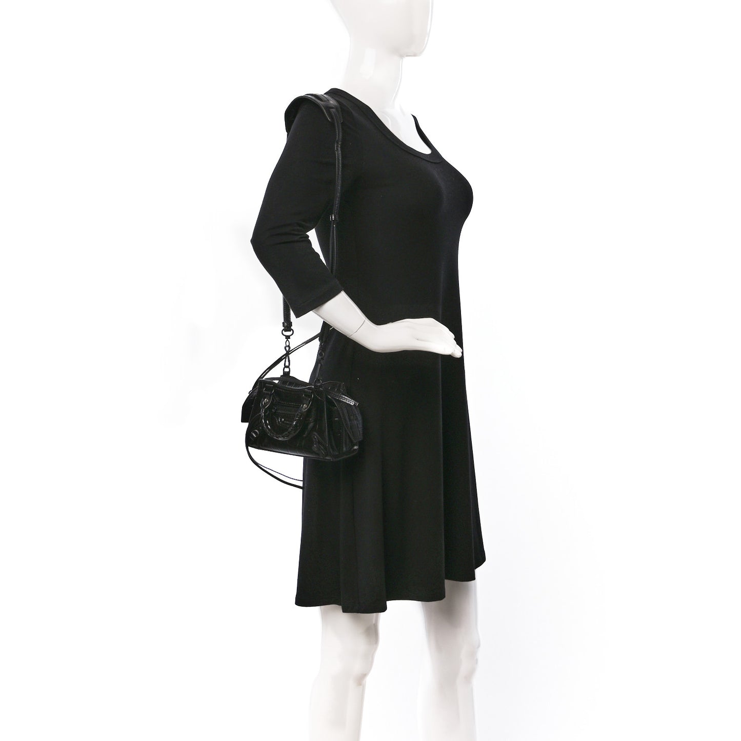 Semi Shiny Calfskin Crocodile Embossed Neo Classic Black Hardware Nano City Crossbody Black