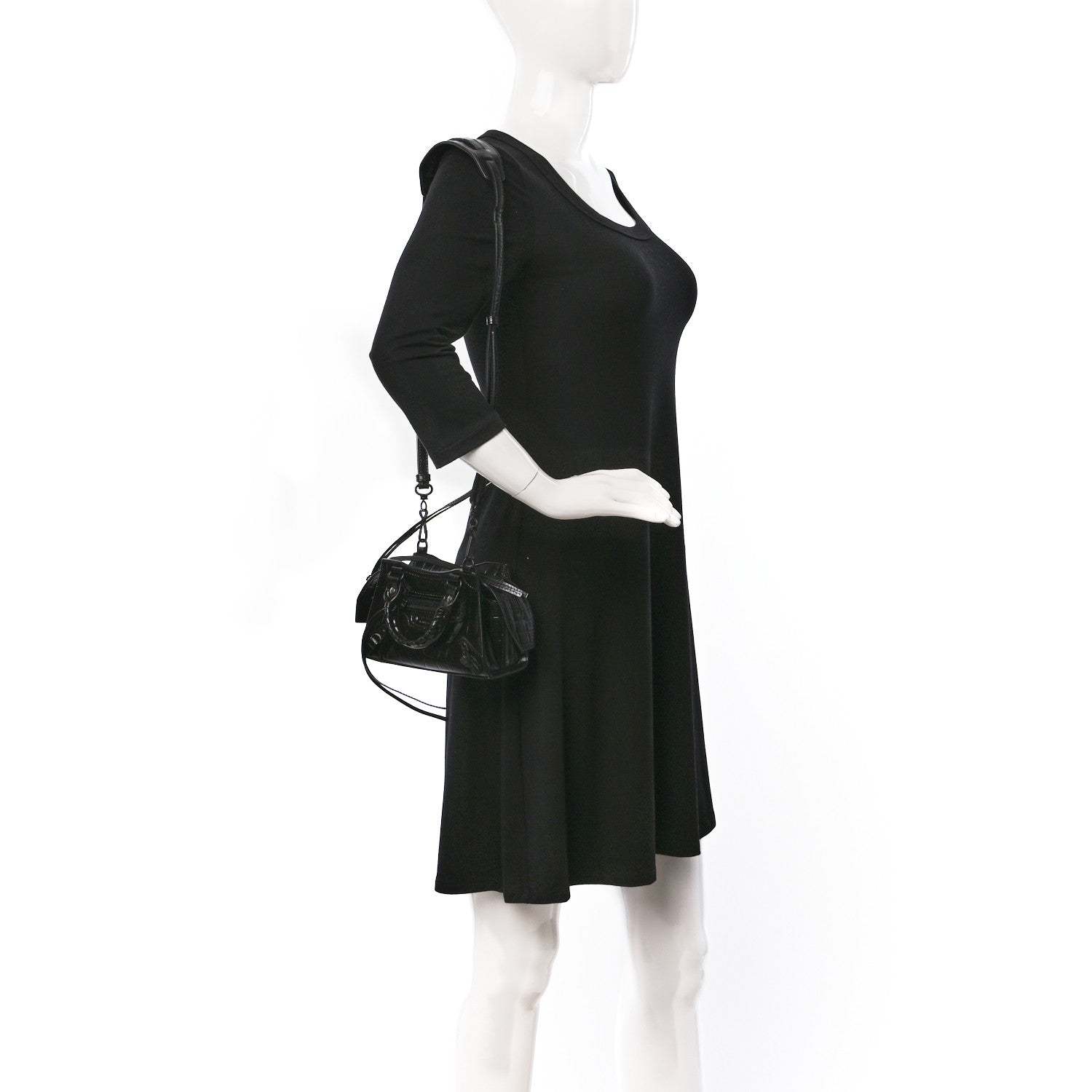 Balenciaga Semi Shiny Calfskin Crocodile Embossed Neo Classic Black Hardware Nano City Crossbody Black 2 of 7