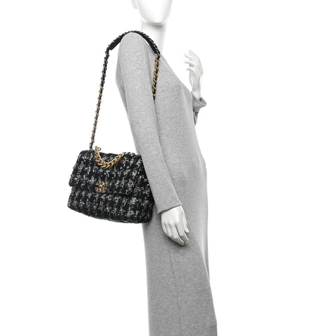 Tweed Quilted Large Chanel 19 Flap Black Silver Ecru