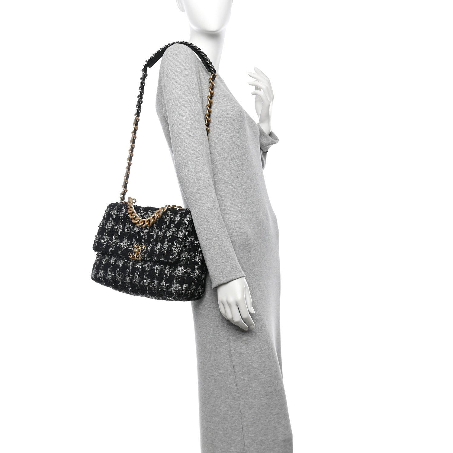 Chanel Tweed Quilted Large Chanel 19 Flap Black Silver Ecru 2 of 11