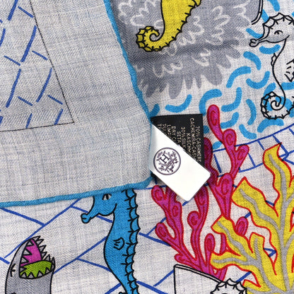 Hermes Cashmere Silk Splash Park Shawl 140 Gris Chine Bleu Turquoise 5 of 5