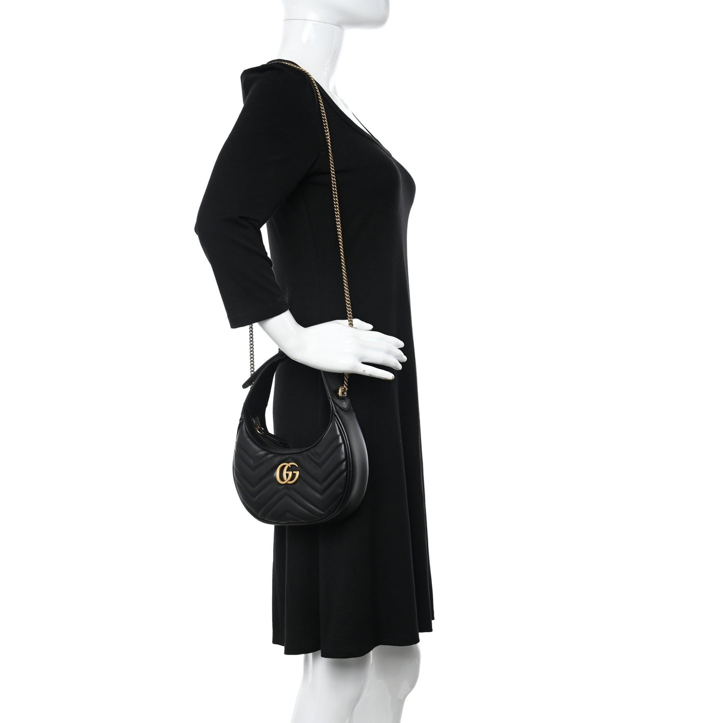 Calfskin Matelasse Chevron Mini GG Marmont Half Moon Hobo Black