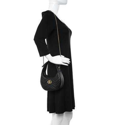 Gucci Calfskin Matelasse Chevron Mini GG Marmont Half Moon Hobo Black 2 of 10