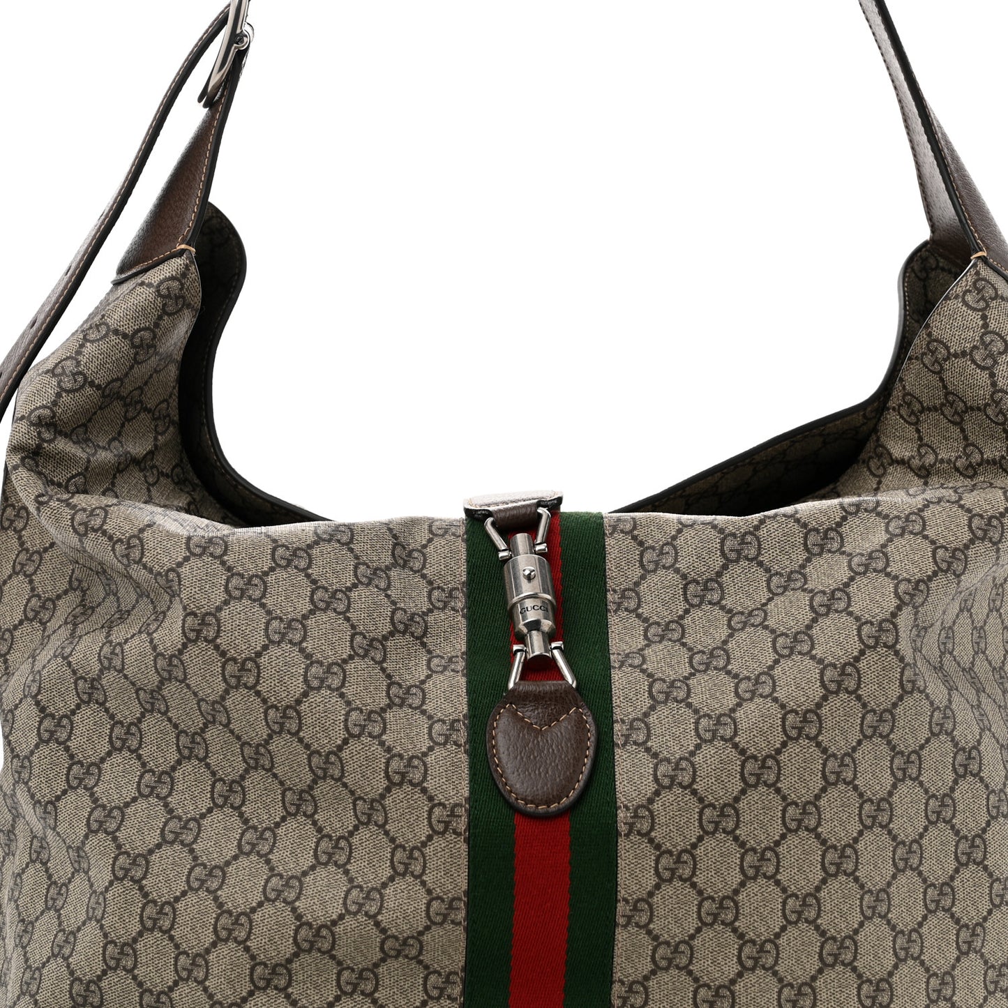 Tender GG Supreme Monogram Textured Dollar Calfskin Web Medium Jackie 1961 Crossbody Bag Beige Ebony New Acero